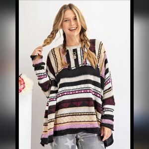 Easel Boho Boxy Oversized Fit Wool Blend Multicolor Stripes 3X